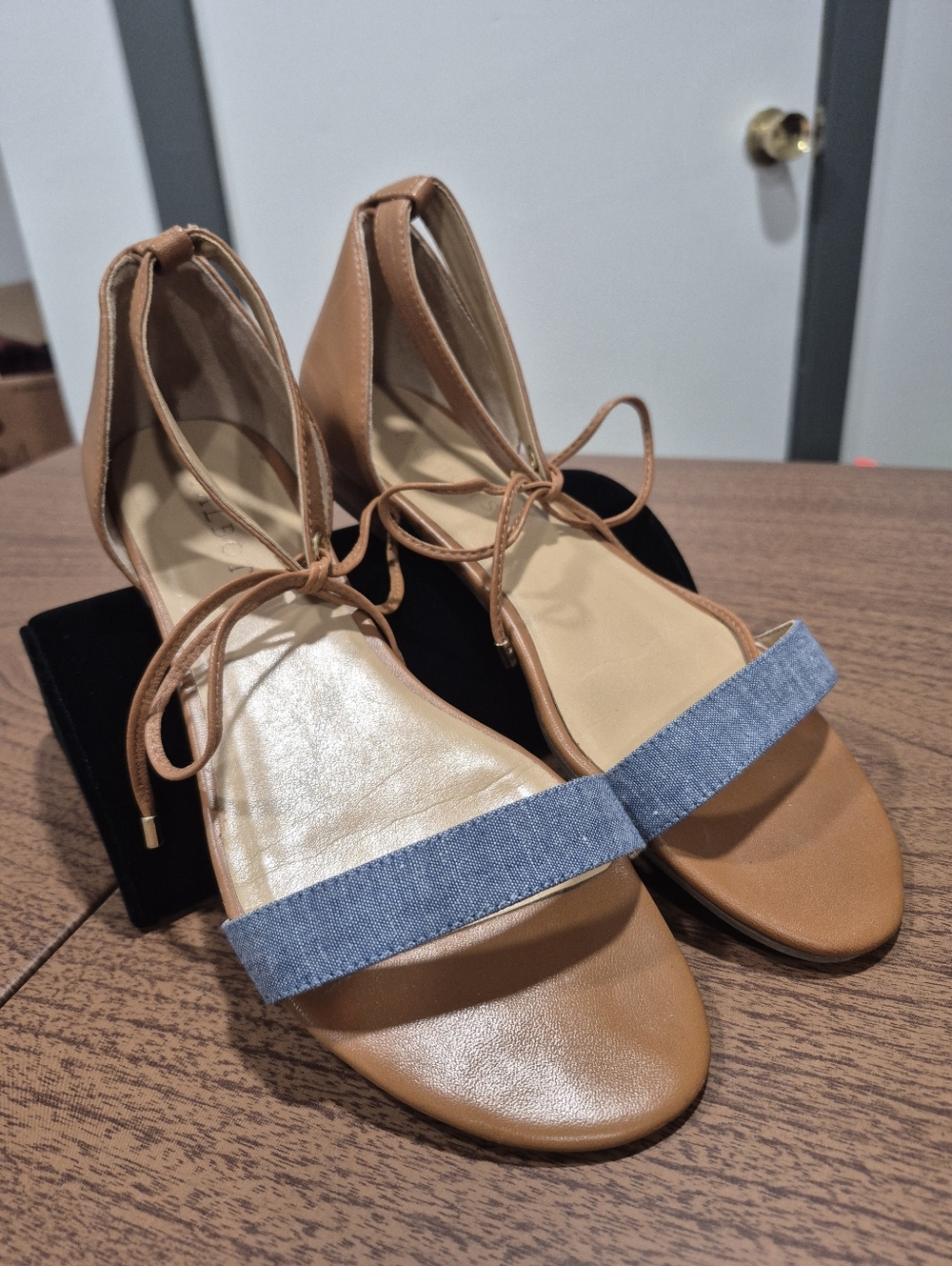 EUC Talbots Leather And Denim Look Ankle Tie Sandals